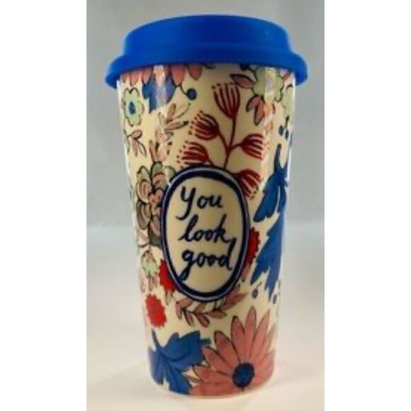 ANTHROPOLOGIE MOLLY HATCH “YOU LOOK GOOD “SALUTATION TRAVEL MUG 12 OZ - Picture 1 of 5
